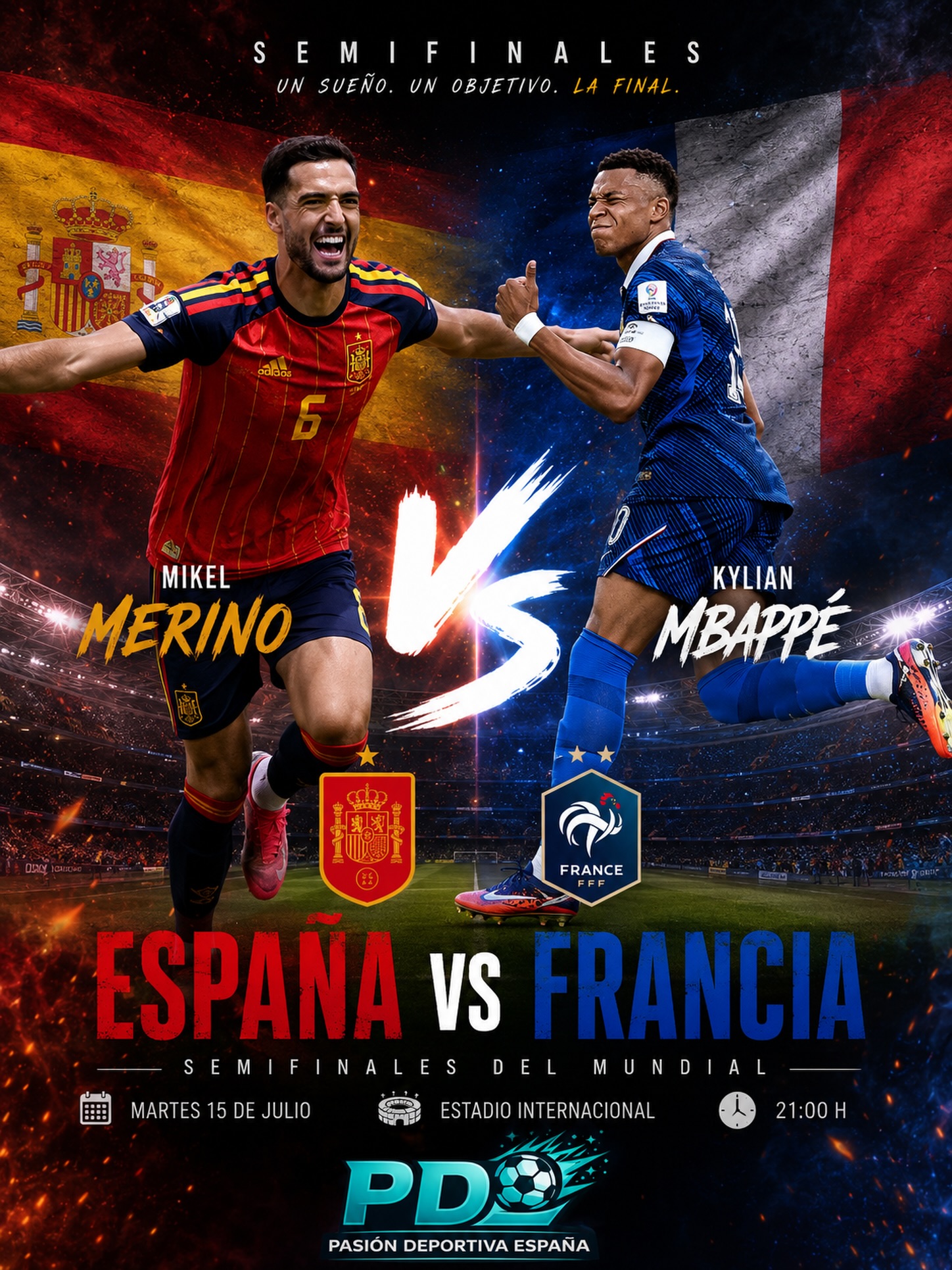 🇪🇸🔥 NOVENTA MINUTOS PARA TOCAR LA HISTORIA 🔥🇪🇸

Ya no quedan cálculos. Ya no hay margen para el error. España está a un solo partido de la final del Mundial.

Enfrente, Francia. Potencia, velocidad, talento y un Mbappé dispuesto a castigar el mínimo fallo. Pero esta España ya ha demostrado que sabe jugar, sabe sufrir y, sobre todo, nunca deja de creer.

De Portugal a Bélgica. De la tensión a la gloria. De las dudas a una semifinal que paralizará a todo un país.

Esta noche, millones de corazones latirán al mismo ritmo. ❤️💛❤️

⚔️ ESPAÑA 🆚 FRANCIA
🏆 Semifinales del Mundial
⏰ 21:00 horas

Un sueño. Un objetivo. La final.

Hoy no juega solo una selección.

HOY JUEGA ESPAÑA. 🇪🇸

🔥 A POR LA FINAL. A POR LA HISTORIA. 🔥

#España #SeleccionEspañola #Mundial2026 #EspañaFrancia #LaRoja
✍️ @noeortizaragon 
👉🏾https://pasiondeportivaesp.es/espana-ante-su-noche-mas-grande-francia-el-ultimo-gigante-antes-de-la-final-del-mundial/👈🏾