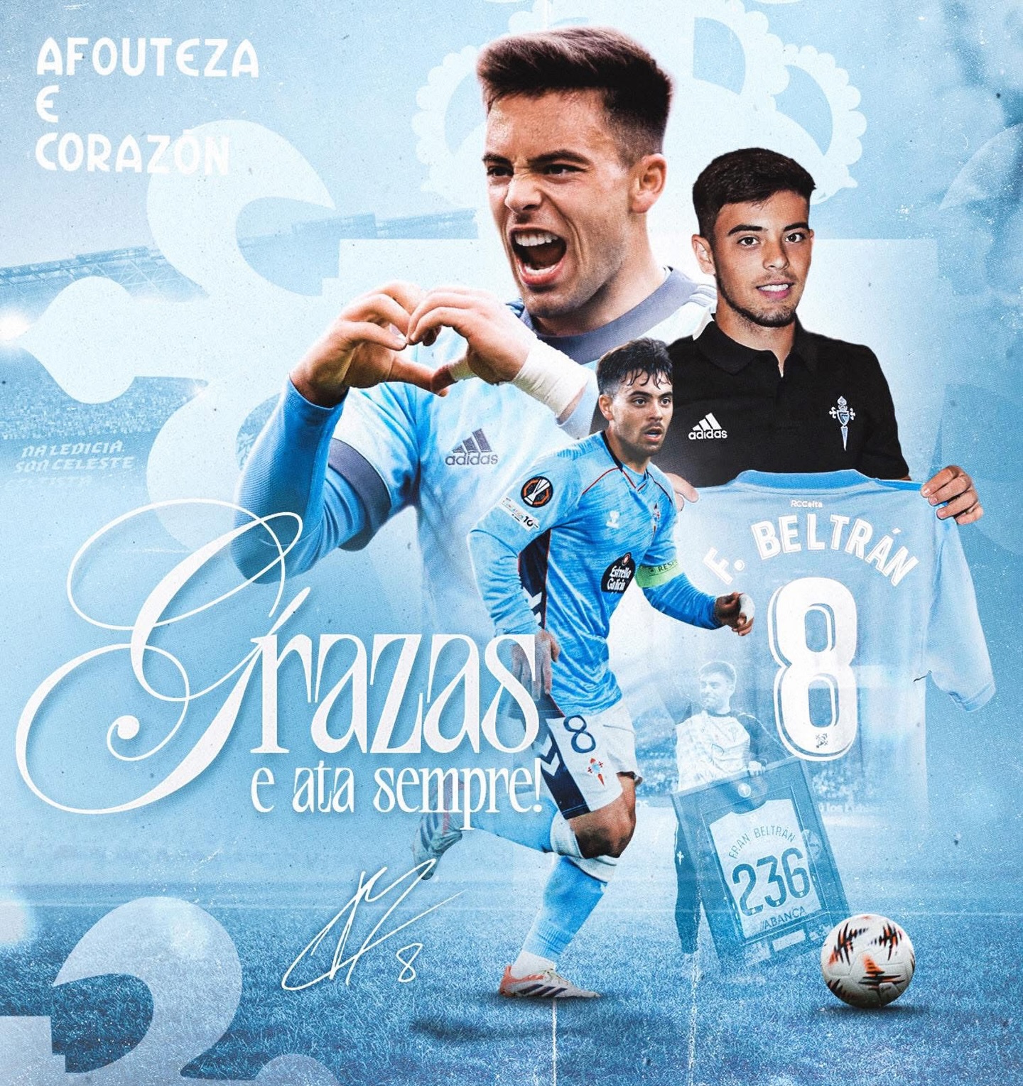 CARTA DE DESPEDIDA @franbeltran__ ✍️🩵
Ha llegado el día… 🩵

Echando la vista atrás me doy cuenta de todo lo que ha significado para mí el Celta. Llegué con 19 años sin haber debutado en La Liga y me despido con 26, con más de 200 partidos defendiendo esta camiseta y siendo uno de los capitanes. En Primera, donde debe permanecer siempre el club, y jugando en Europa, donde se merece estar.

Profesionalmente el Celta lo ha sido todo para mí, pero también Vigo en lo personal. Una ciudad perfecta para mi familia. Estamos orgullosos de que nuestras dos hijas hayan nacido aquí. Esta también será nuestra casa para siempre.

Gracias a todas y cada una de las personas que habéis formado parte de estos maravillosos siete años. Trabajadores del club, entrenadores, staff, directivos, presidente y presidenta, compañeros, socios y aficionados.

Me he vaciado en el campo y he dado lo mejor de mí siempre. Y lo mismo siento que habéis hecho vosotros conmigo. Con eso me quedo.

De parte de un celtista, hasta siempre.