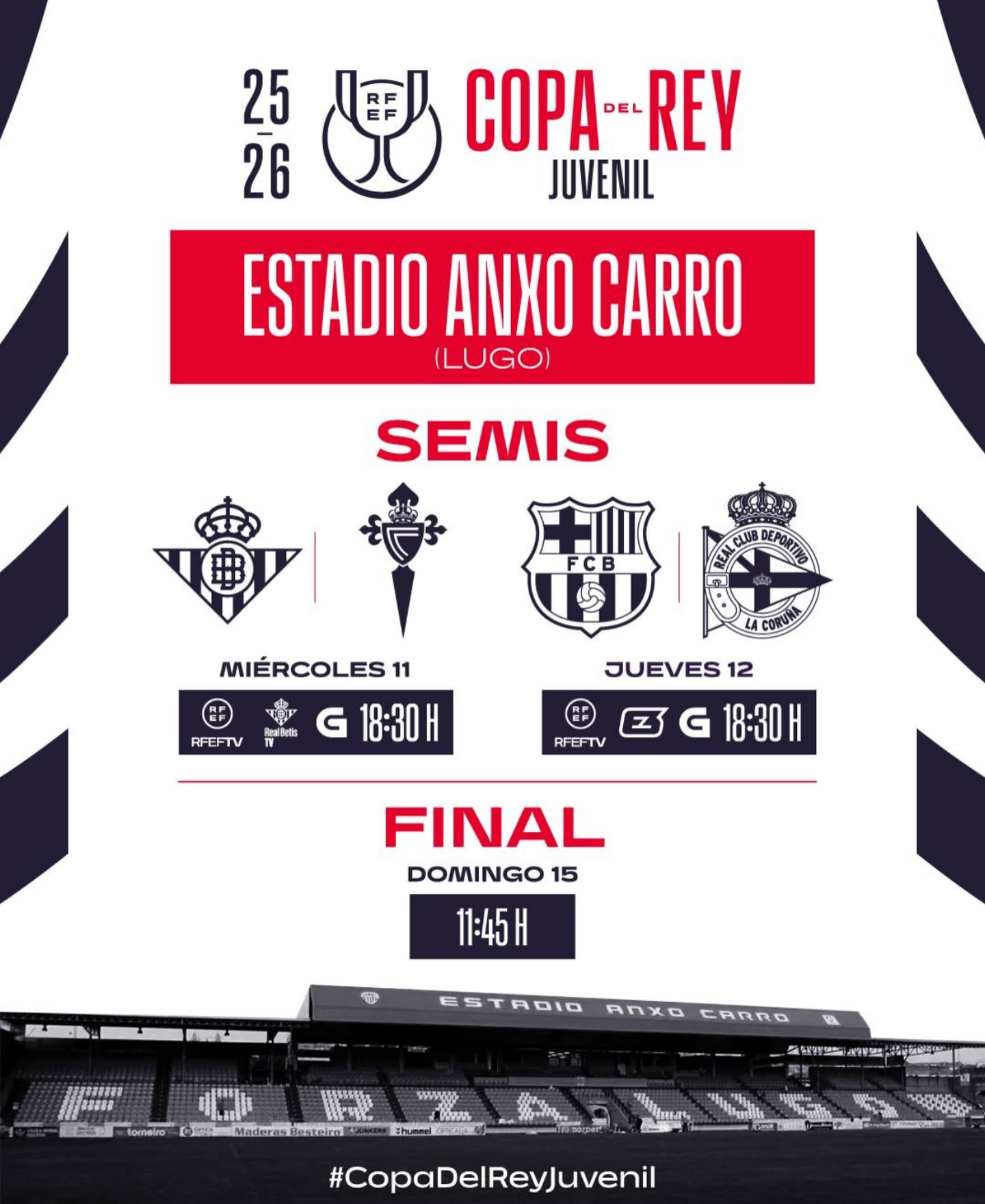 @copadelreyoficial Juvenil 
🗓️ 11,12 y 15 de Marzo de 2026
🏟️ Anxo Carro ( Lugo)
@canteiraceleste @rbetiscantera @fcbmasia y @deporcanteira lucharán por el título 🏆